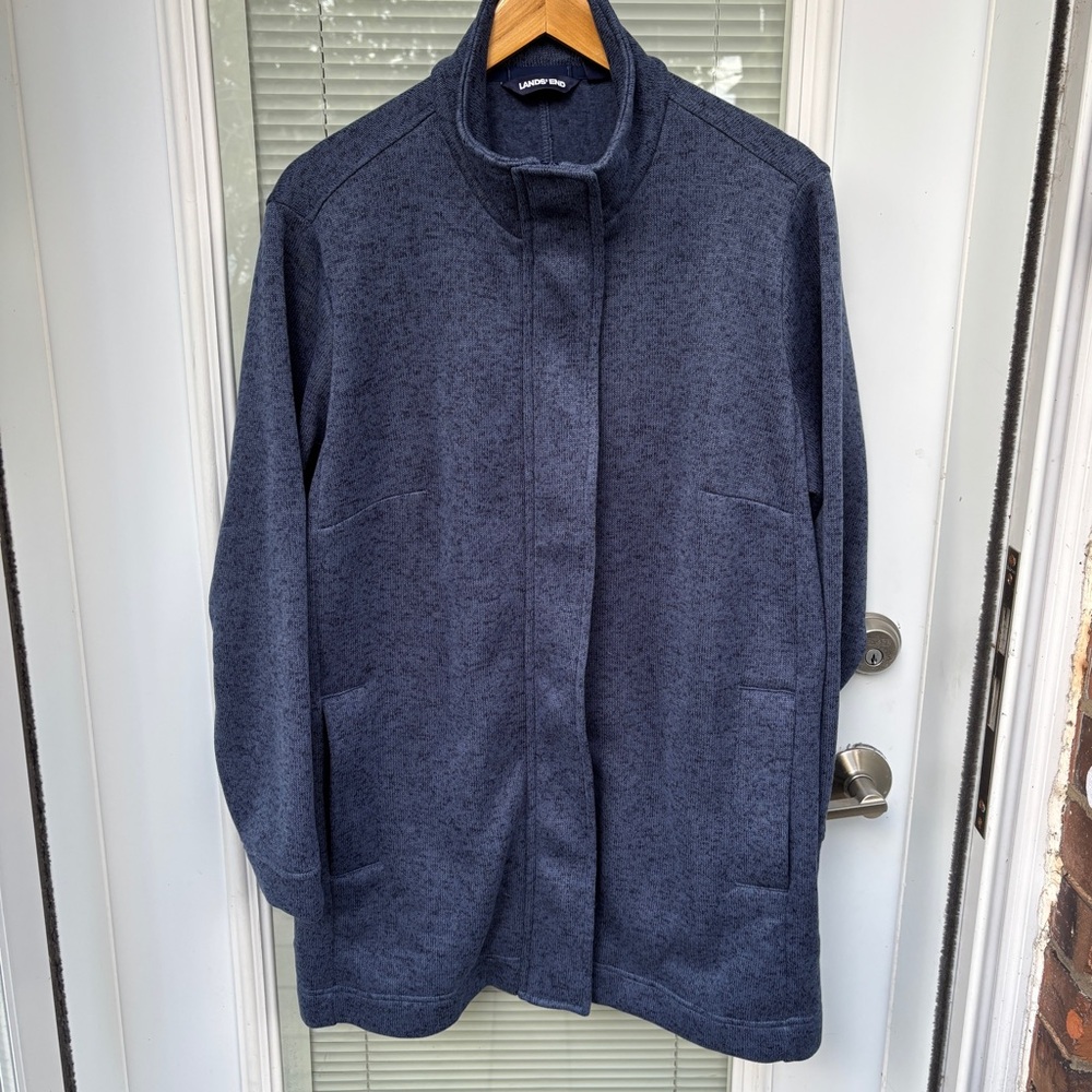 Lands End Jacket Womens 1X Longline Sweater Fleece Navy Heather Zip Up Classic